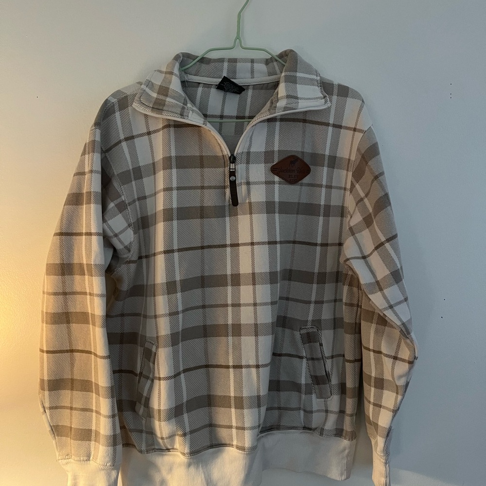 Womens's Zip-Up Plaid Sweater - Brown and Cream